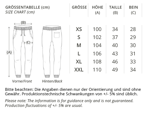Organic Jogger Pants/Jogginghose, Größentabelle Faibleshop