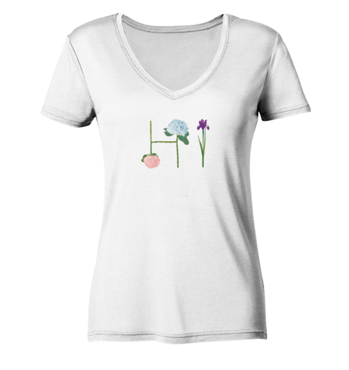 Hi auf Ladies Organic V-Neck Shirt, Blumenbuchstaben, Faibleshop, organic Happiness Basics