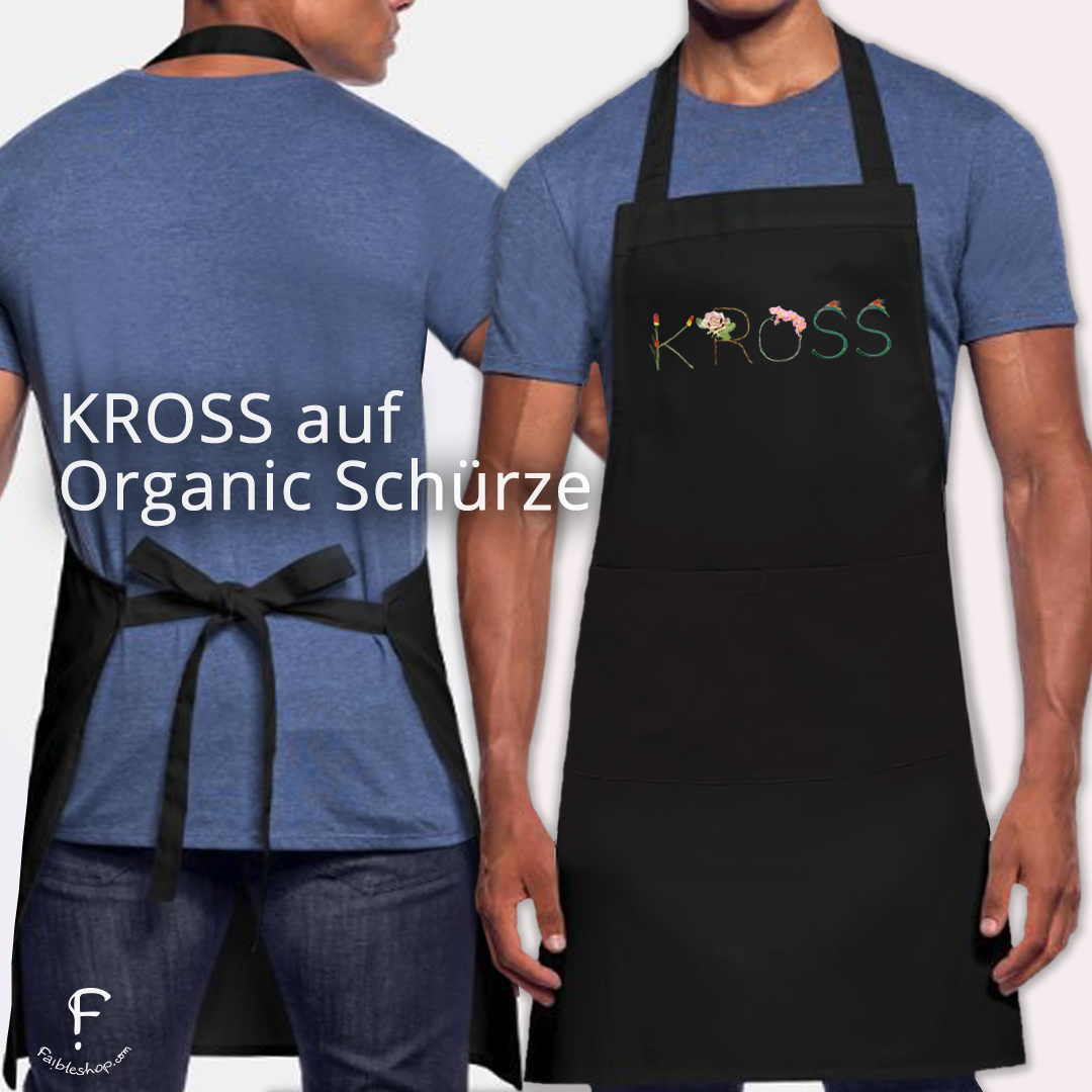 Organic Schürze vegan bedruckt mit den Blumenbuchstaben KROSS