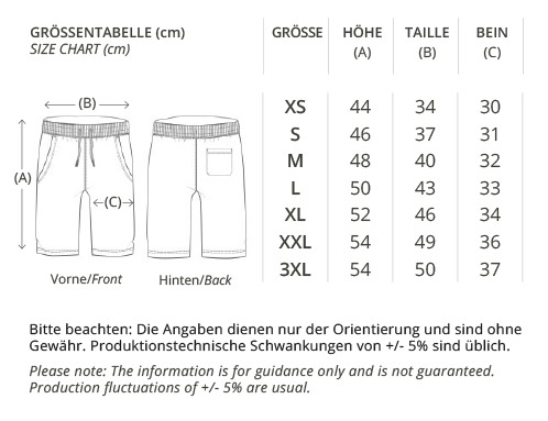 JOGGER SHORTS Grössentabelle XS bis 3XL