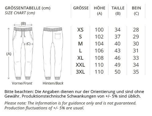 Jogginghose, Größentabelle von XS bis 3XL