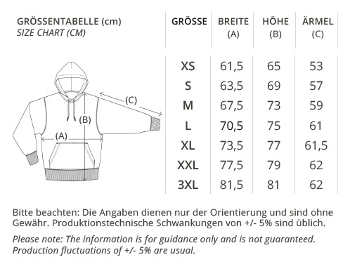 ORGANIC OVERSIZE HOODIE, GRÖßENTABELLE, BREITE, HÖHE, ÄRMEL, GRÖSSEN XS BIS 3XL