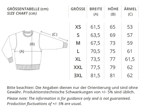 ORGANIC OVERSIZE SWEATSHIRT, GRÖßENTABELLE, BREITE, HÖHE, ÄRMEL, GRÖSSEN XS BIS 3XL