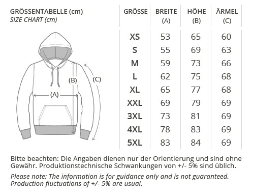 Größentabelle, Breite, Höhe, Ärmel, Organic Hoodie, Größen XS bis 5XL