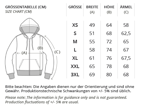 Zipper_ Hoodie mit Reißverschluß, größentabelle