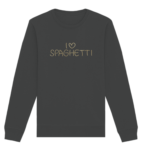 Foto von einem Basic-Sweatshirt in der Farbe Anthracite vegan bedruckt mit dem aus Spaghetti erzeugten Druckmotiv: I love Spaghetti