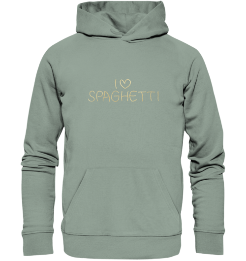 Organic Hoodie in der Farbe Aloe mit dem aus Spaghetti erzeugten Druckmotiv: I love Spaghetti