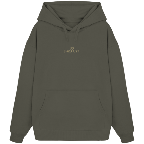 Organic Oversize Hoodie in der Farbe Khaki mit dem aus Spaghetti erzeugten Druckmotiv: I love Spaghetti