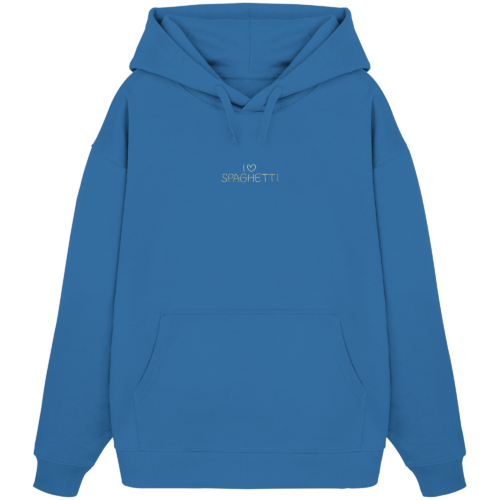 Organic Oversize Hoodie in der Farbe Mindful Blue mit dem aus Spaghetti erzeugten Druckmotiv: I love Spaghetti