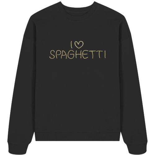 Foto von einem Organic Oversize-Sweatshirt in der Farbe Khaki vegan bedruckt mit dem aus Spaghetti erzeugten Druckmotiv: I love Spaghetti