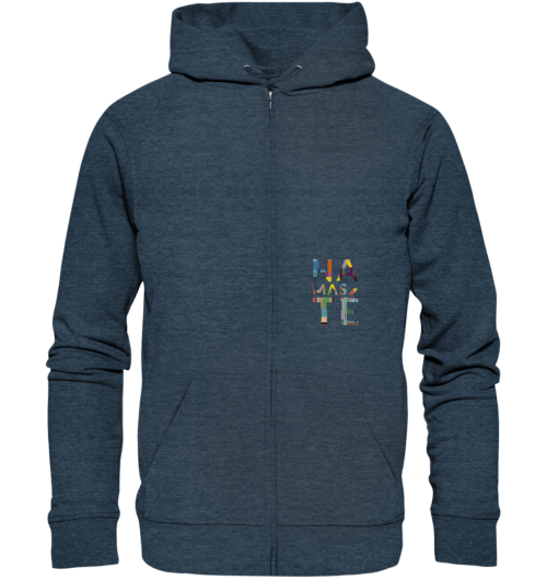 Bild von dem handgeschriebenen Design, Namaste vegan gedruckt auf einen Hoodie aus Bio-baumwolle mit Reißverschluss