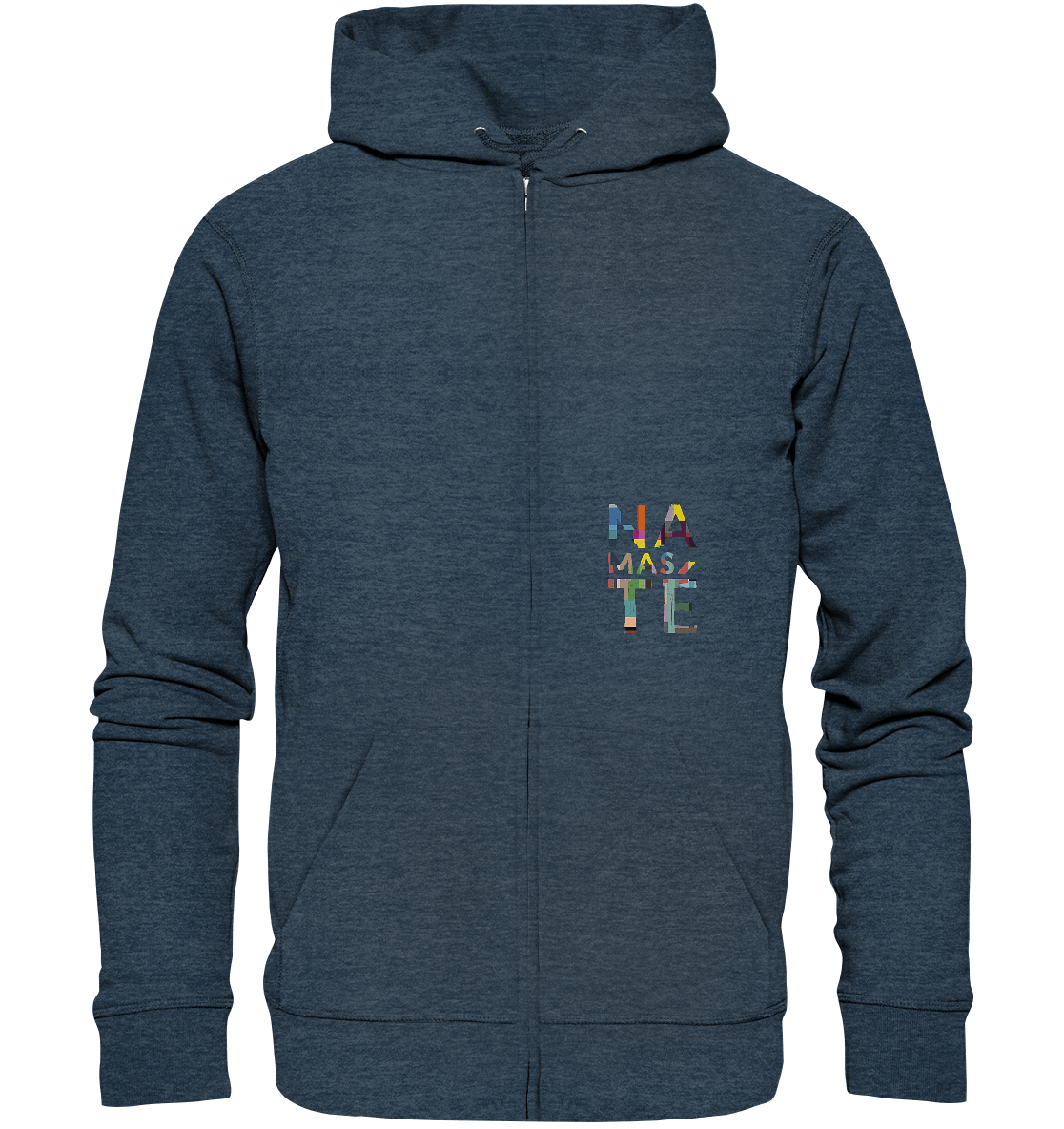 Bild von dem handgeschriebenen Design, Namaste vegan gedruckt auf einen Hoodie aus Bio-baumwolle mit Reißverschluss