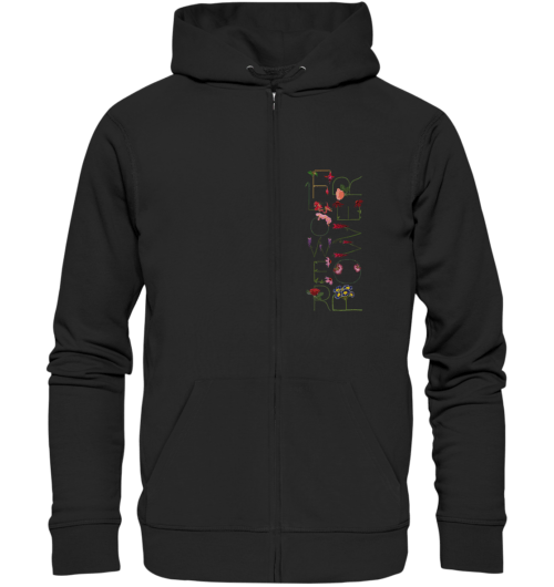 Das Design Flowerpower aus Blumenbuchstaben, vegan gedruckt auf Organic Zipper