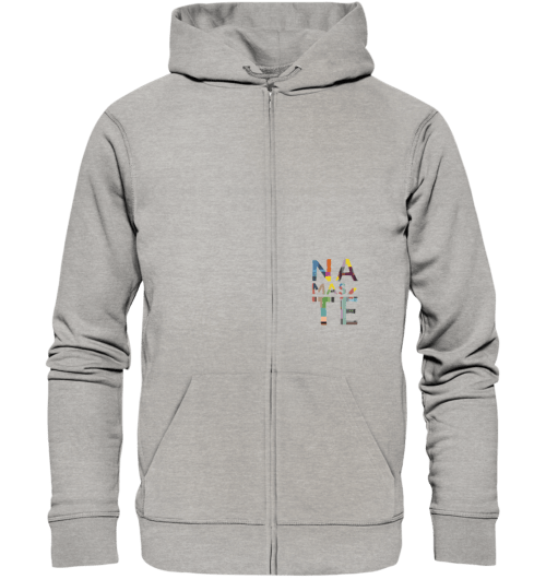 Bild von dem handgeschriebenen Design, Namaste vegan gedruckt auf einen Hoodie aus Bio-baumwolle mit Reißverschluss