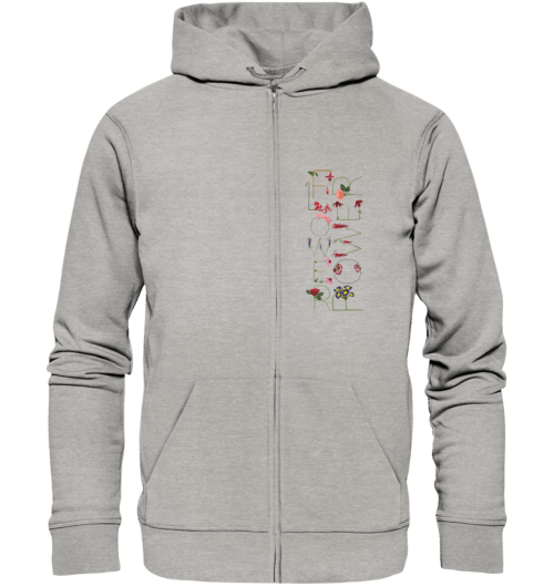 Das Design Flowerpower aus Blumenbuchstaben, vegan gedruckt auf Organic Zipper