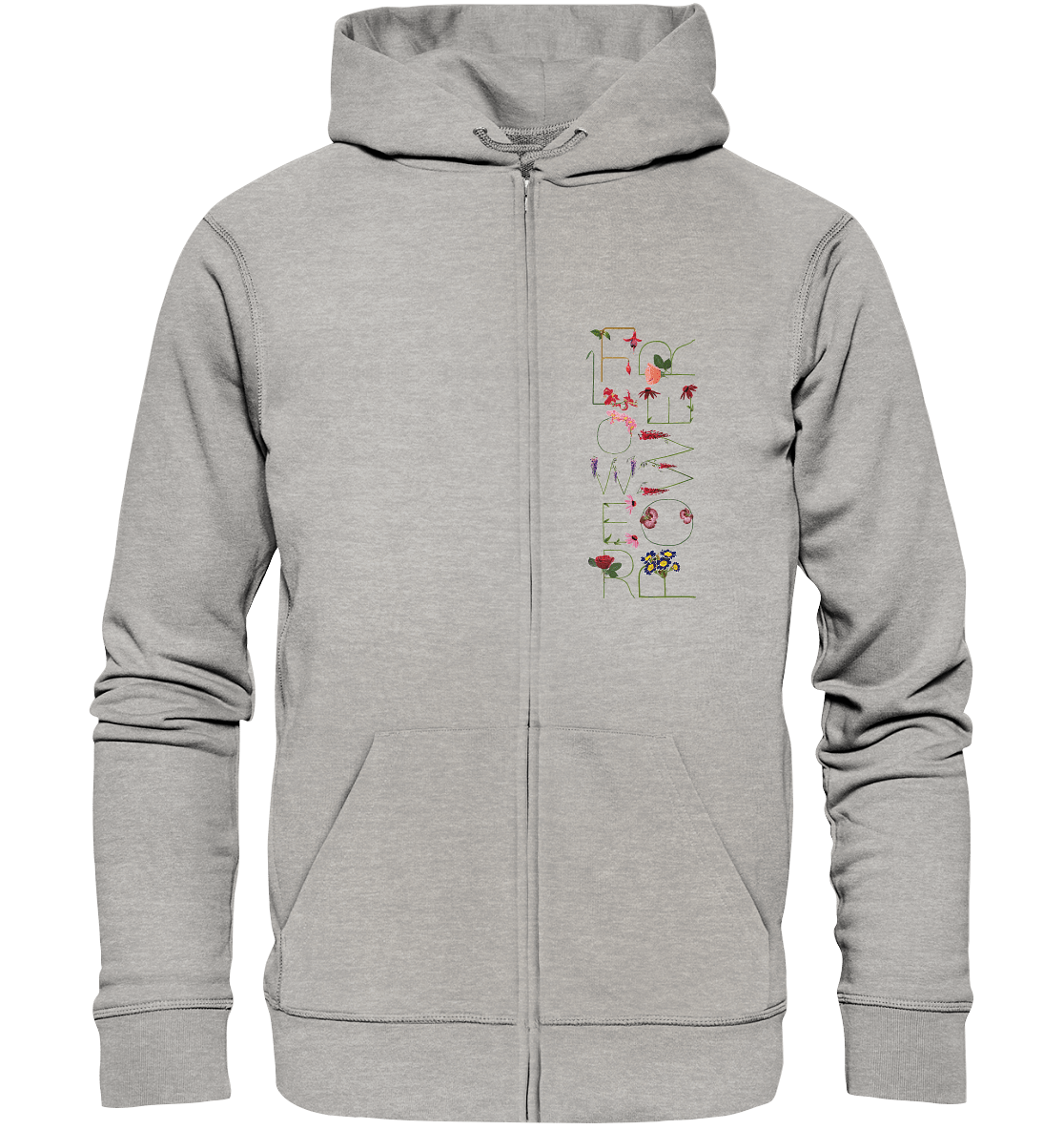 Das Design Flowerpower aus Blumenbuchstaben, vegan gedruckt auf Organic Zipper