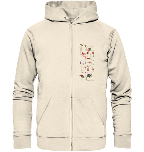 Das Design Flowerpower aus Blumenbuchstaben, vegan gedruckt auf Organic Zipper