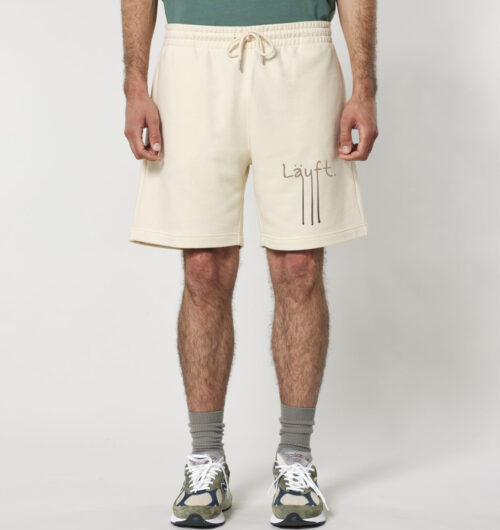 Handgeschriebener Schriftzug "Läuft" mit Farbverlauf von Beige zu Dunkelgrau vegan gedruckt auf Organic Jogger Shorts