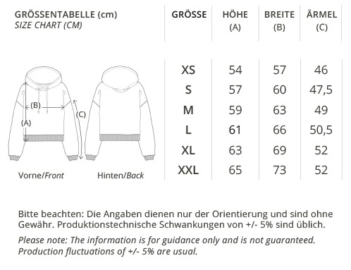 Womens Organic Boxcut Hoodie, Größentabelle