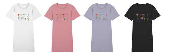 T-shirtkleid vegan bedruckt mit Blumenbuchstaben