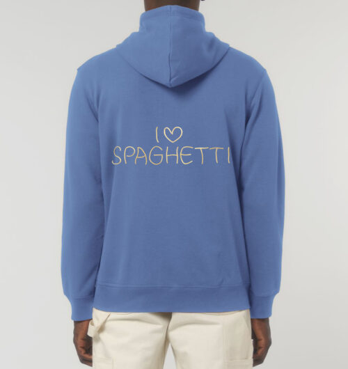 das aus Spaghetti erzeugte Druckmotiv: I love Spaghetti wird vegan auf die Rückseite von dem Zipper/Hoodie mit Reißverschluß gedruckt