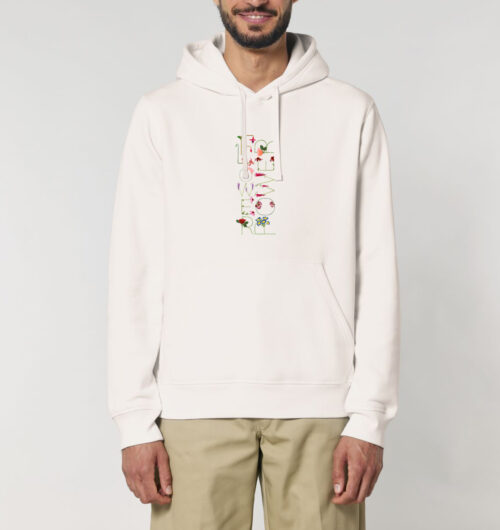 Flowerpower das Design aus Blumenbuchstaben wird speziell für dich vegan auf den Organic Hoodie gedruckt