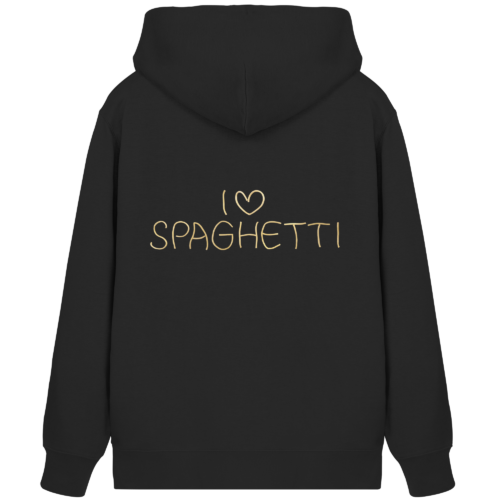 das aus Spaghetti erzeugte Druckmotiv: I love Spaghetti wird vegan auf die Rückseite von dem Zipper/Hoodie mit Reißverschluß gedruckt