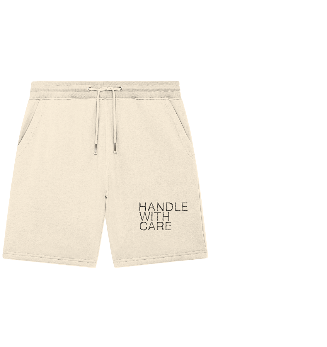 HANDLE WITH CARE – Der handgeschriebene Schriftzug wird vegan auf die organic Shorts deiner Wahl gedruckt und plastikfrei verpackt geliefert.