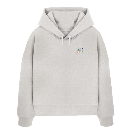 Das Hi-Design aus Blumenbuchstaben wird vegan auf den Hoodie gedruckt