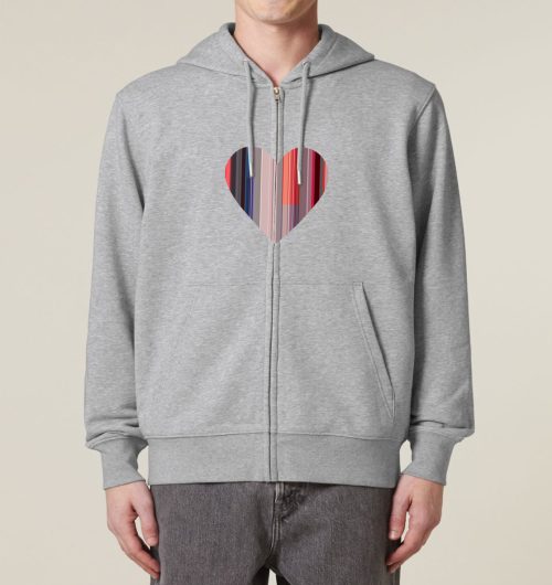 Organic Zipper / Hoodie mit Reißverschluß vegan bedruckt mit dem Design Hearty aus gestreifen Farbflächen