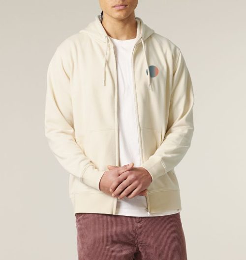 Punkt vegan gedruckt auf ein Zipper/Hoodie mit Reißverschluß aus Bio-Baumwolle in der Farbe Natural Raw