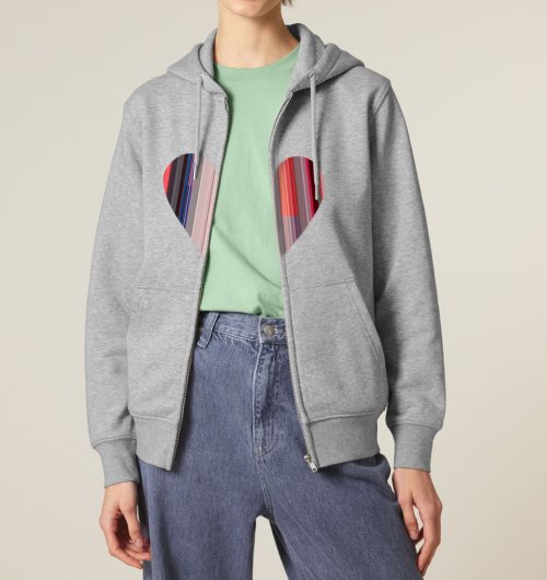 Organic Zipper / Hoodie mit Reißverschluß vegan bedruckt mit dem Design Hearty aus gestreifen Farbflächen
