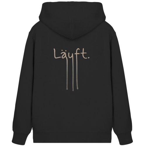 Das handgeschriebene Design "Läuft" vegan gedruckt auf der Rückseite von einem Zipper/Hoodie mit Reißverschluß aus Bio-Baumwolle in der Farbe Schwarz