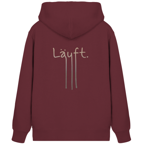 Das handgeschriebene Design "Läuft" vegan gedruckt auf der Rückseite von einem Zipper/Hoodie mit Reißverschluß aus Bio-Baumwolle in der Farbe Burgundy