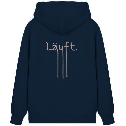Das handgeschriebene Design "Läuft" vegan gedruckt auf der Rückseite von einem Zipper/Hoodie mit Reißverschluß aus Bio-Baumwolle in der Farbe French Navy