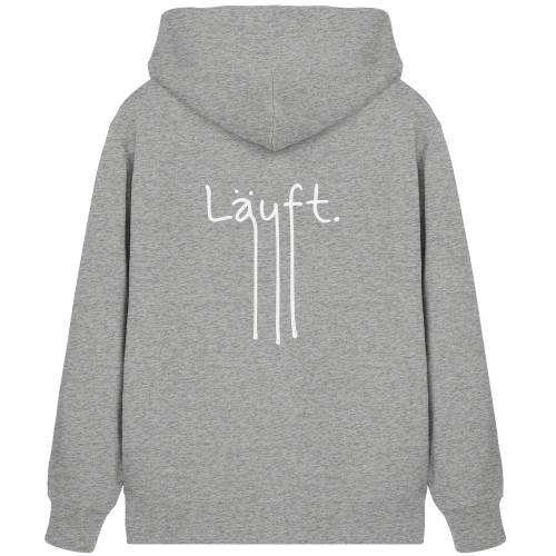Das handgeschriebene Design "Läuft" vegan gedruckt auf der Rückseite von einem Zipper/Hoodie mit Reißverschluß aus Bio-Baumwolle in der Farbe Heather Grey