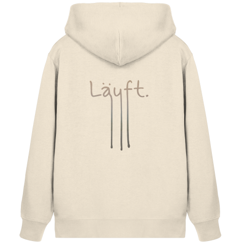 Das handgeschriebene Design "Läuft" vegan gedruckt auf der Rückseite von einem Zipper/Hoodie mit Reißverschluß aus Bio-Baumwolle in der Farbe Natural Raw