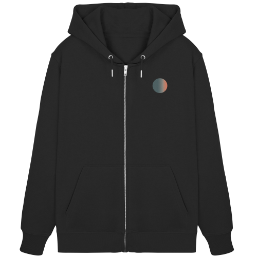 Punkt vegan gedruckt auf ein Zipper/Hoodie mit Reißverschluß aus Bio-Baumwolle in der Farbe Schwarz