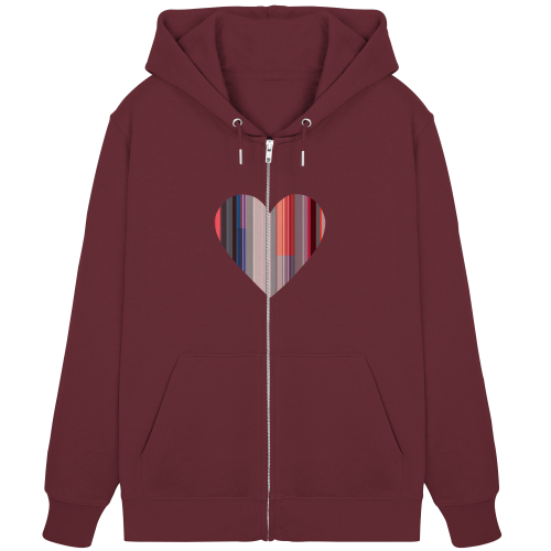Organic Zipper / Hoodie mit Reißverschluß vegan bedruckt mit dem Design Hearty aus gestreifen Farbflächen