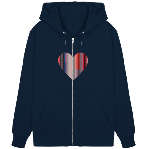 Organic Zipper / Hoodie mit Reißverschluß vegan bedruckt mit dem Design Hearty aus gestreifen Farbflächen