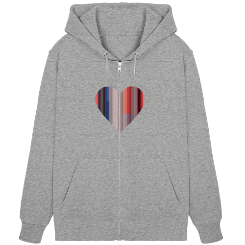 Organic Zipper / Hoodie mit Reißverschluß vegan bedruckt mit dem Design Hearty aus gestreifen Farbflächen