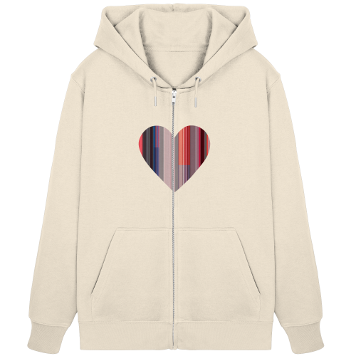 Organic Zipper / Hoodie mit Reißverschluß vegan bedruckt mit dem Design Hearty aus gestreifen Farbflächen