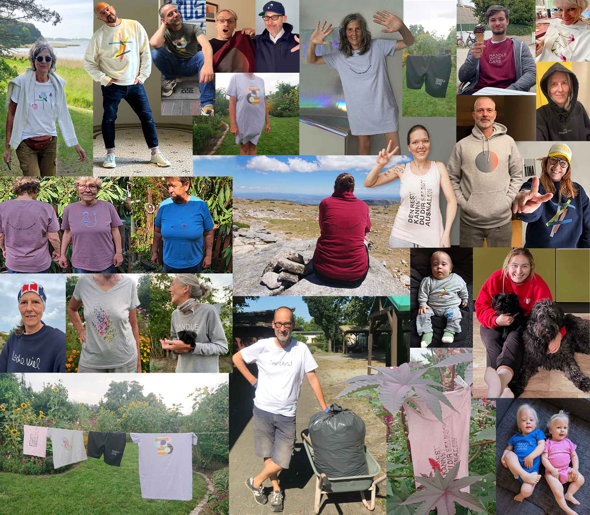 GOOD BYE Faibleshop Fotokollage mit Menschen die vegan bedruckte Basics aus Bio-Baumwolle mit handgemachten Designs aus dem Faibleshop tragen